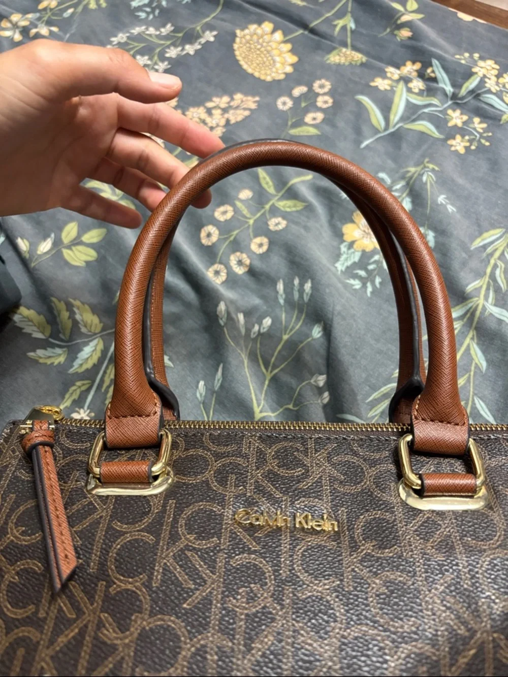 Calvin Klein Brown Monogram Zipper Handbag with Tan Handles and Gold Hardware